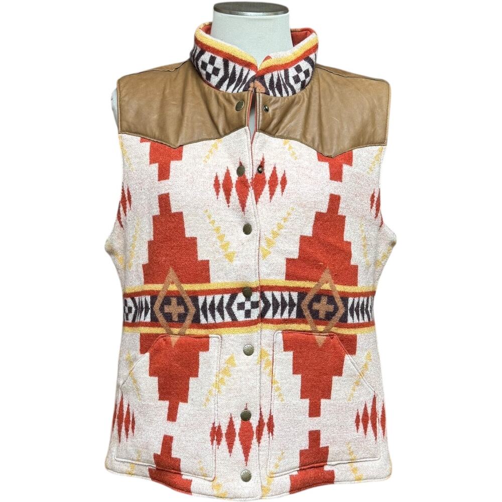 Orvis Leather Wool Aztec Southwestern Print Vest Large